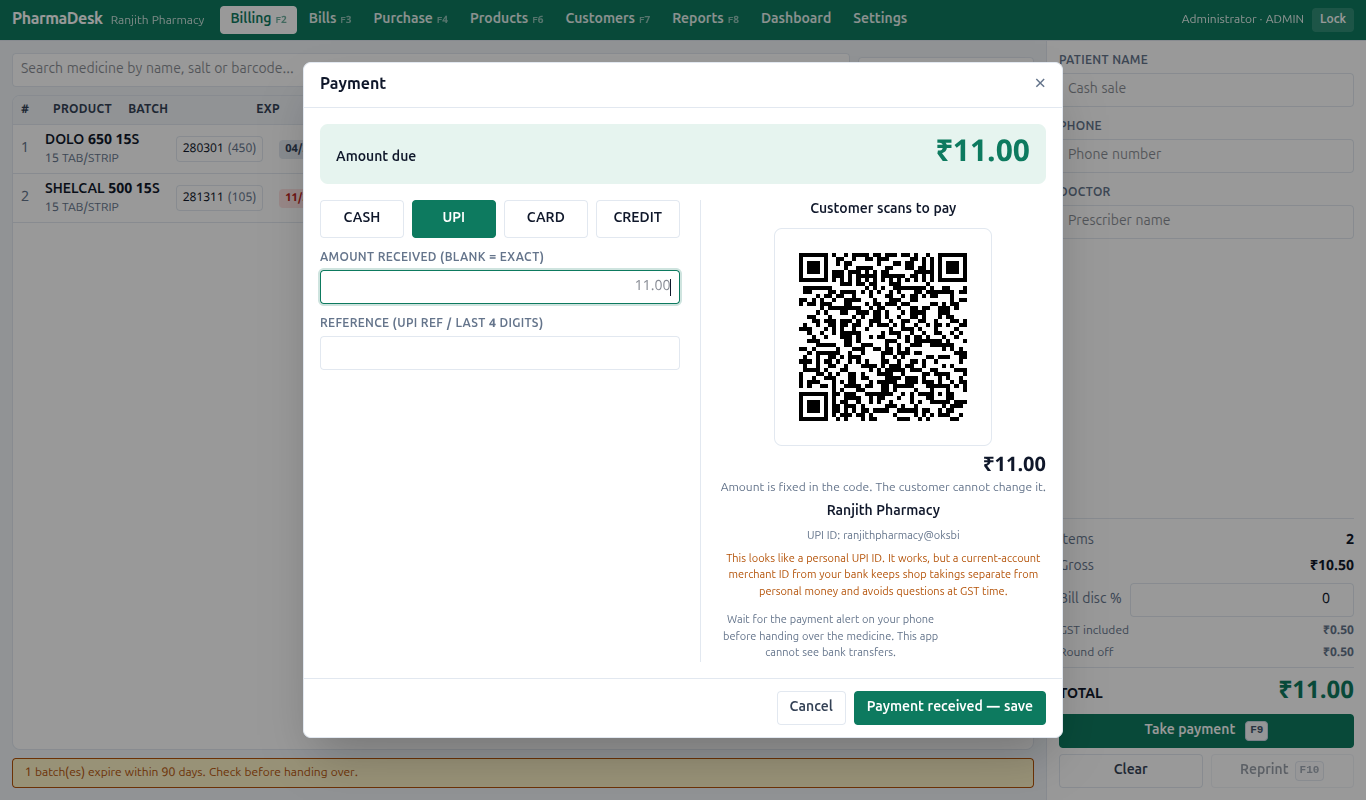 The payment dialog showing a UPI QR code for the exact bill amount.