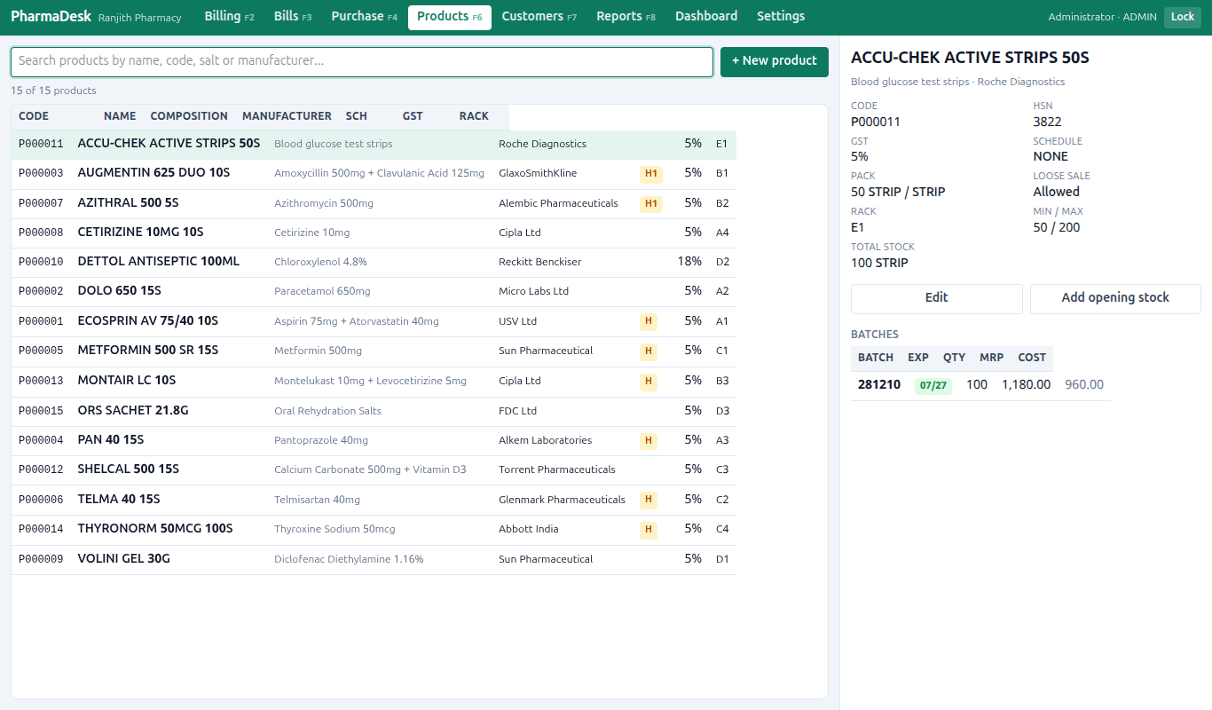 The product master listing medicines with composition, manufacturer and stock.