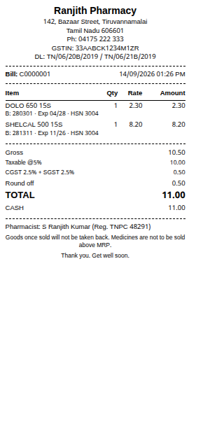 A printed 80mm thermal receipt showing items, batch numbers, GST and the total.
